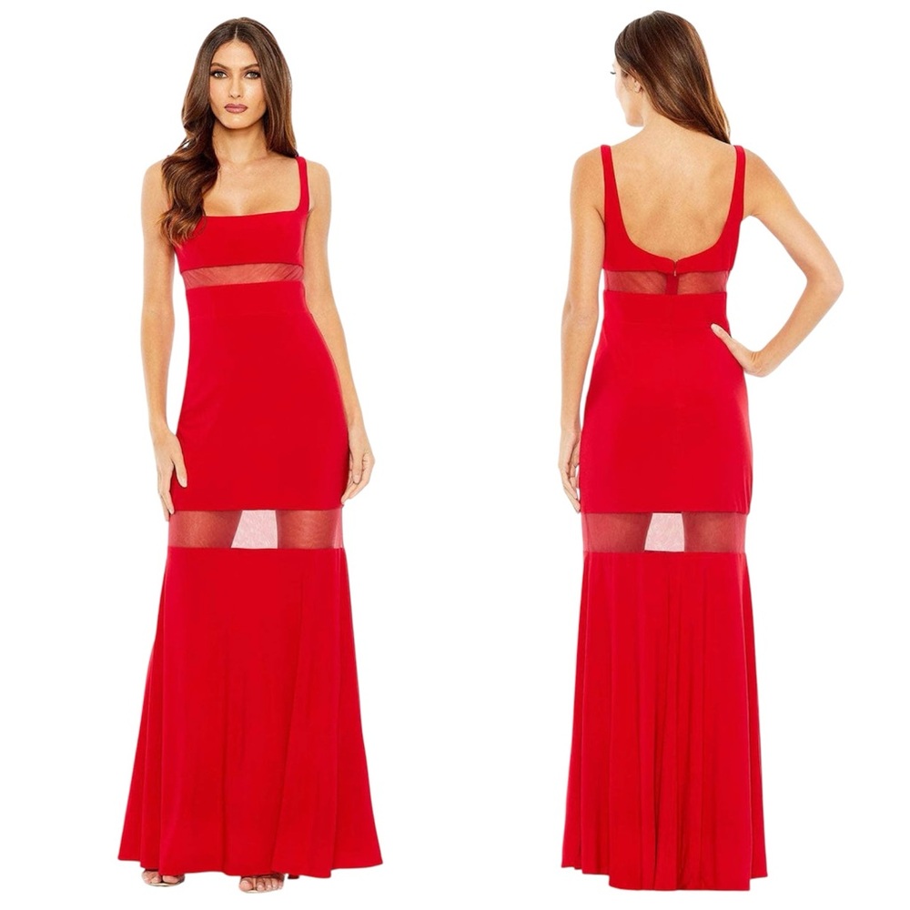 Ieena for Mac Duggal Red Sheer Mesh Panel Detail Column Gown Size 6